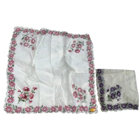 Embroidered Flowers pink purple Switzerland Vintage Handkerchiefs set of 2 - Picture 2 of 8